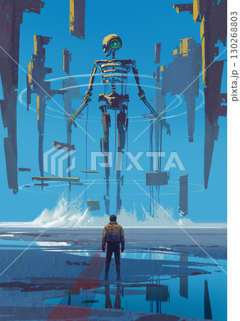 Man Confronting Giant Robotic Entity Man Confronting Giant Robotic Entity 130268803