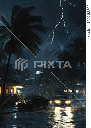 nighttime scene palm tree downpour style mood atmosphere nighttime scene palm tree downpour style mood atmosphere 130268860