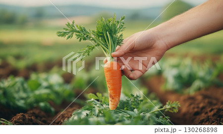 image persons hand carrot stem closeup orange green 130268898