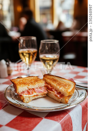 paris sandwich plate slices bread closeup ham cheese 130268997