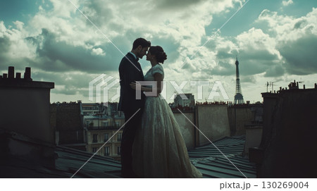 paris wedding photograph couple rooftop cityscape background sky 130269004
