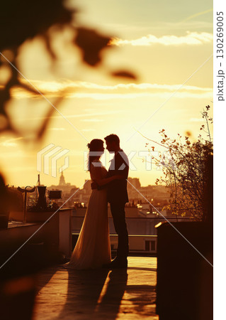 paris couple rooftop sunset cityscape background silhouette general 130269005