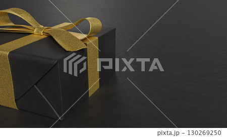 The Black Gif Box and Glod ribbon on white marble for Holiday or celebration concept 3d Rendering. 130269250