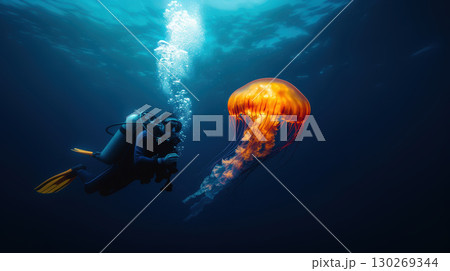underwater scene diver frame featuring jellyfish dressed wetsuit 130269344