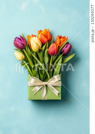 tulips gift turquoise background purple vase bouquet box tulips gift turquoise background purple vase bouquet box 130269377