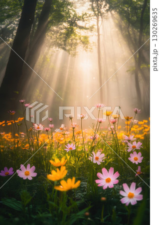 aerial view forest sunlight trees atmosphere tranquil filtering 130269635