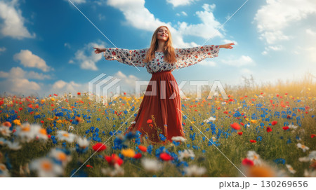 woman blouse field flowers sky skirt stands floral 130269656