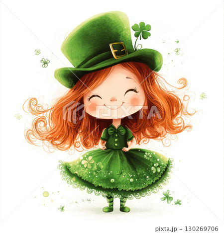 illustration girl dress shamrocks background wears hat fourleaf 130269706