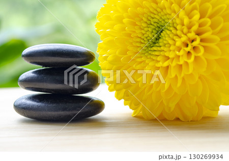 Yellow flower with black polished stones creating warm harmony with customizable space for text 130269934