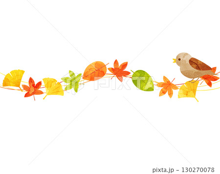 落ち葉と紅葉と鳥を組み合わせたイラスト 水彩風加工バージョン 落ち葉と紅葉と鳥を組み合わせたイラスト 水彩風加工バージョン 130270078