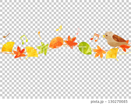 落ち葉と紅葉と鳥と音符を組み合わせたイラスト 130270085