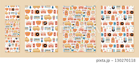 Groovy retro music seamless pattern with cassette, record, radio and boombox set. Orange and y2k background, set of seamless pattern graphics, ideal for vintage, trendy collection creative Groovy retro music seamless pattern with cassette, record, radio and boombox set. Orange and y2k background, set of seamless pattern graphics, ideal for vintage, trendy collection creative 130270118