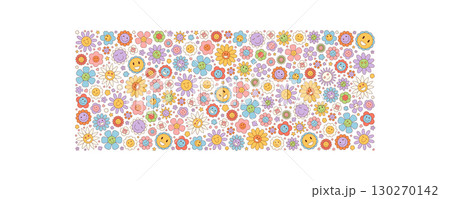 Groovy y2k colorful flower pattern in a cartoon rectangle background. Happy smiley floral concept, playful retro style and bright elements create a joyful, trendy visual accent. Groovy y2k colorful flower pattern in a cartoon rectangle background. Happy smiley floral concept, playful retro style and bright elements create a joyful, trendy visual accent. 130270142