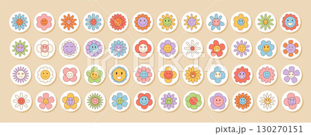 Retro groovy flower sticker badge set with round cartoon smiley faces. Cute colorful circle elements suit package lid and add y2k charm. Fun badge icons enhance playful package or lid design. 130270151