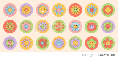 Retro groovy flower smile sticker set in colorful cartoon graphic style with happy face. Cute y2k label as fun package circle lid, playful accent for set of cheerful package stickers. Retro groovy flower smile sticker set in colorful cartoon graphic style with happy face. Cute y2k label as fun package circle lid, playful accent for set of cheerful package stickers. 130270166