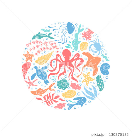 Underwater ocean concept in cartoon graphic style. Marine life, including fish, starfish, jellyfish, and turtles, arranged in a round circle composition. Vibrant reef design perfect for aquatic 130270183