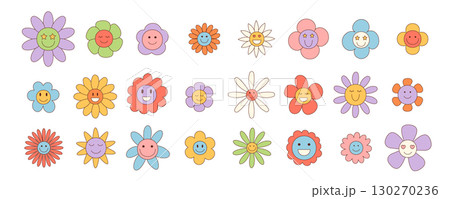 Groovy retro flower set cartoon with happy daisy and cute smiley. Playful floral group creates a colorful, cheerful y2k mood. Groovy element and cartoon graphic style perfect for vibrant, fun design 130270236