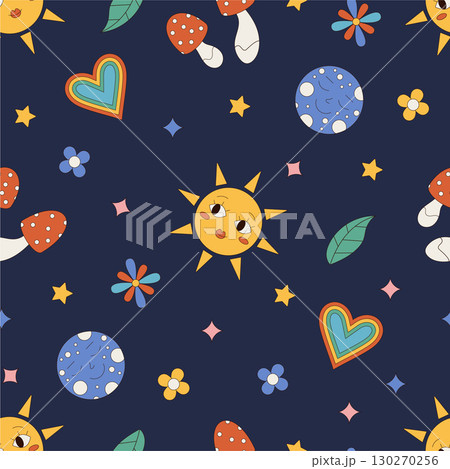 Groovy seamless cartoon pattern with retro sun and star, moon, mushroom, and heart. Colorful background with y2k flower, nature symbol. Ornamental pattern playful vintage style for wallpaper 130270256