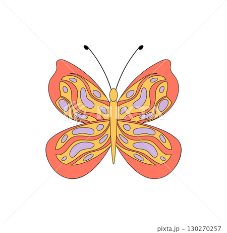 Groovy retro butterfly sticker in colorful psychedelic and yellow style. Funky patch as groovy element with unique y2k art for vintage pop decor, modern funky badge or creative accessory. 130270257