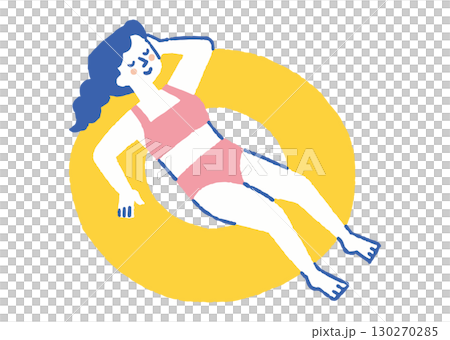 浮き輪に座って水に浮かぶ女性_色 130270285