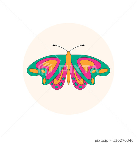 Groovy retro butterfly sticker with a funky colorful look in a round circle. Playful seal for package or lid, y2k and retro accent, modern graphic for creative packaging or product. Groovy retro butterfly sticker with a funky colorful look in a round circle. Playful seal for package or lid, y2k and retro accent, modern graphic for creative packaging or product. 130270346