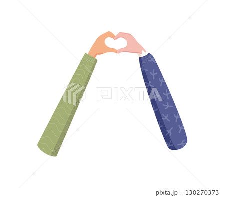 Flat colorful hands creating heart symbol. Two arms form shape of love and hope. Symbol of unity and solidarity, emphasizing friendship community values, ideal for equality, care, human connection 130270373