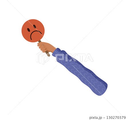 Cartoon hand holding red circle icon with sad face. Negative feedback and opinion symbol, customer vote and rate mark. Isolated bad satisfaction review element in cartoon graphic style. 130270379