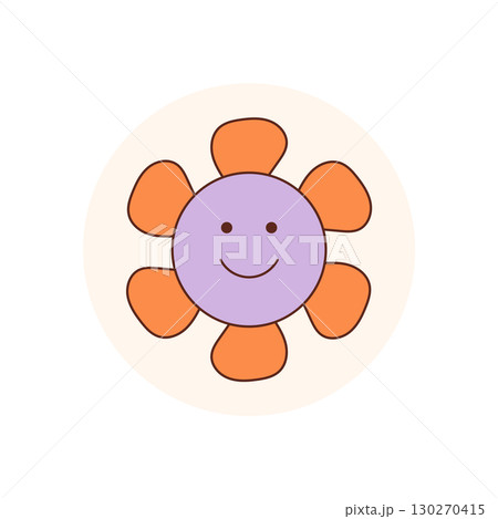 Groovy retro flower sticker in round flat pop style with happy orange smiley face. Cute package lid accent, y2k circle design creates cheerful mood and vintage appeal for fun modern packaging. 130270415