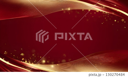 Congratulatory poster template. Luxury red and gold abstract background with glitter. Elegant red wave design with golden light particles. 130270484