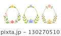 Egg shaped frames formed by curved twigs, simple blossoms, flat petals berries foliage. Oval borders decorated minimal pastel flowers, leafy sprigs. Gentle floral rhythm, stylized organic symmetry 130270510