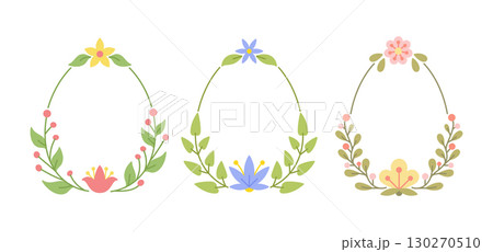 Egg shaped frames formed by curved twigs, simple blossoms, flat petals berries foliage. Oval borders decorated minimal pastel flowers, leafy sprigs. Gentle floral rhythm, stylized organic symmetry Egg shaped frames formed by curved twigs, simple blossoms, flat petals berries foliage. Oval borders decorated minimal pastel flowers, leafy sprigs. Gentle floral rhythm, stylized organic symmetry 130270510