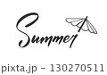 Handwritten word summer in black ink near simple beach umbrella. Sketch style drawing casual lettering, doodle vacation element, playful sunny vibe, relaxed seasonal tropical theme warm mood accent 130270511