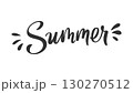 Handwritten word Summer in black ink surrounded by splash drops on sides. Playful brush lettering style energetic liquid shapes. Wet splash effect minimal calligraphy of summer theme mood casual vibe 130270512