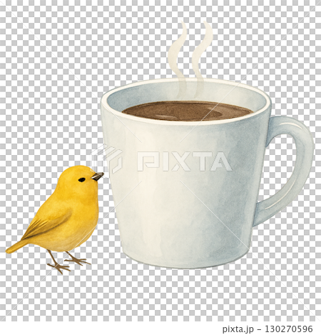 一隻黃色的小鳥和一個咖啡杯的水彩插圖（PNG 剪貼圖） 130270596