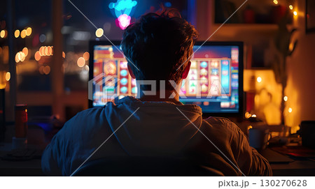 パソコンでスロットゲーム（オンラインカジノ）をする男性の後ろ姿 130270628