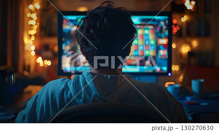 パソコンでスロットゲーム（オンラインカジノ）をする男性の後ろ姿 130270630