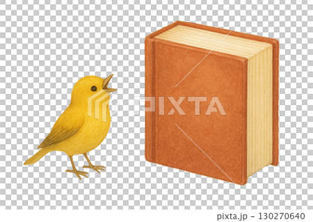 一隻黃色的小鳥和一本書的水彩插圖（PNG 剪貼圖） 130270640