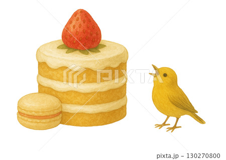 黄色い小鳥とケーキの水彩風イラスト（PNG切り抜き） 130270800