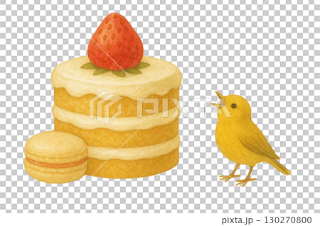 黄色い小鳥とケーキの水彩風イラスト（PNG切り抜き） 130270800
