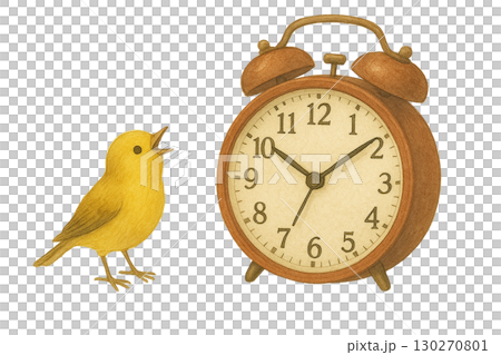 黃色小鳥和鬧鐘的水彩插圖（PNG 剪貼圖） 130270801