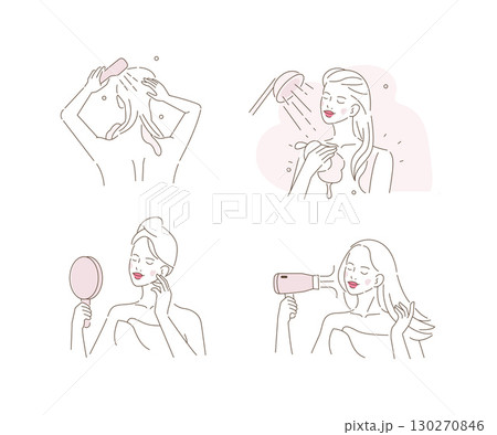 Beauty Girl Taking Care about her Skin and making Spa Procedures. Woman Taking a Shower in her Bathroom, Applying Cream at her Face 130270846