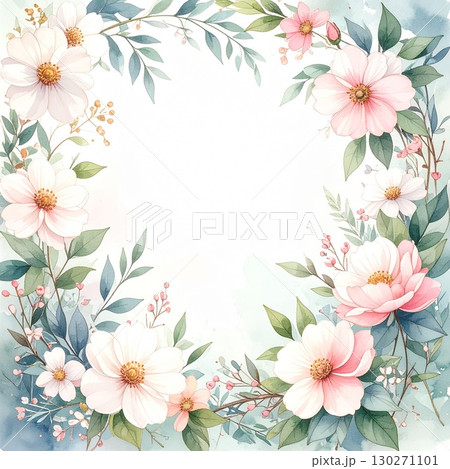 パステルフラワーとリーフの水彩フレーム 130271101