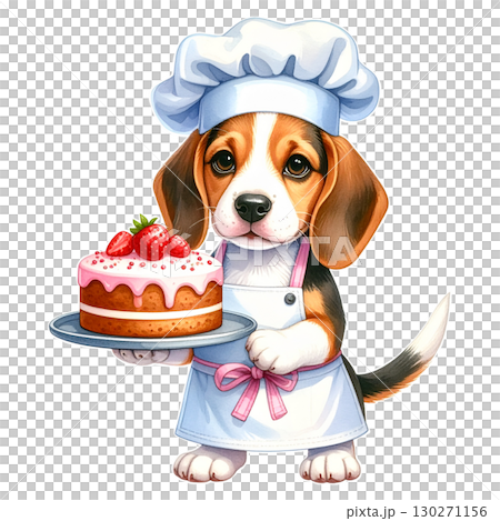 Watercolor illustration 2 of a pastry chef's beagle holding a decorated cake / Material for flyers and posters 130271156