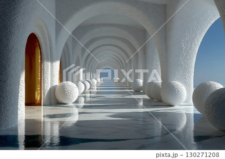 白いアーチ廊下と金色の扉、球体と水面の反射写真 130271208