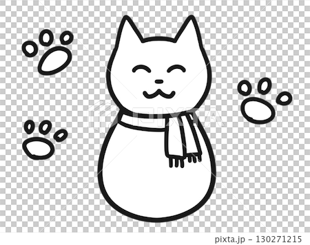 Black and white line drawing of a cat wearing a scarf 130271215
