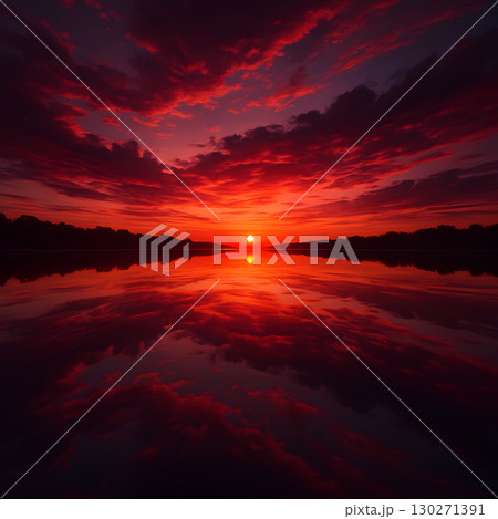 赤い夕焼けが湖面に映り込む上下対称の幻想的な風景 130271391