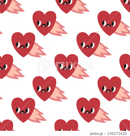 Red heart with fire pattern on white. Vector seamless pattern with hearts. Lovely romantic endless background for Valentines day, holiday design, fabric. Hand drawn kids pattern with hearts. 130271420