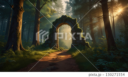 A mystical path in an enchanted forest, where a green archway formed by trees leads to a magical portal, and sunlight filters through the canopy, creating a fairy tale scene. 130271554