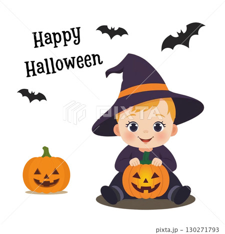 ハロウィンで魔女の仮装をした子供のイラスト 130271793