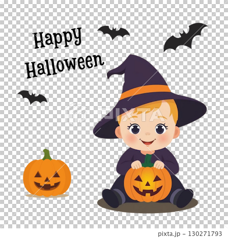 ハロウィンで魔女の仮装をした子供のイラスト 130271793